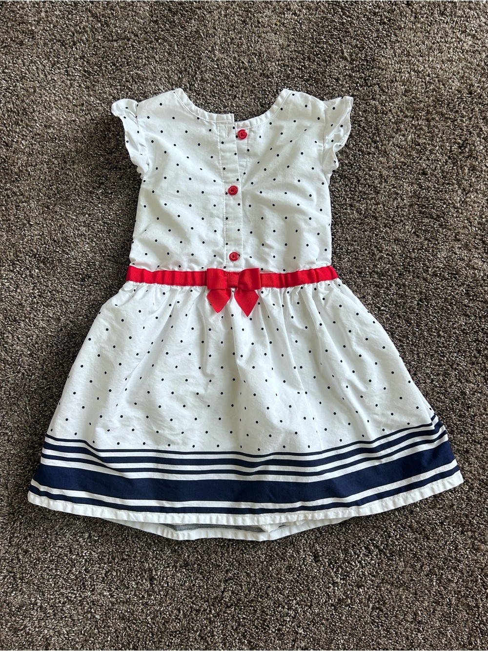 Gymboree White Polka Dot Dress with Navy Stripes & Red Bow Size 3t